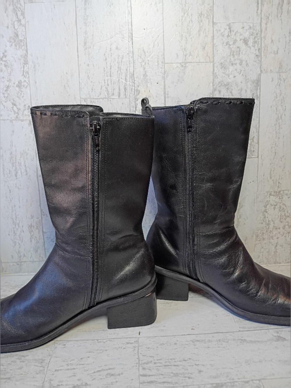 Black leather square toe knee high boots, 90s vintage wide calf size 7.5 US - Picture 5 of 15